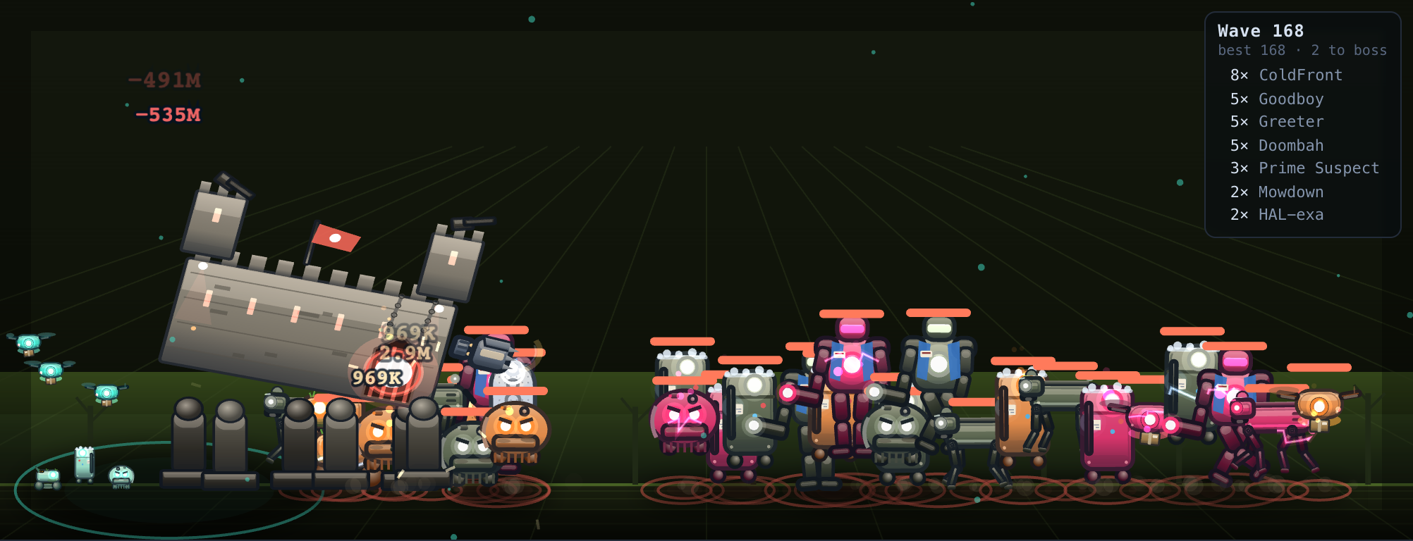 The Bastion, a six-legged fortress mech, holding a dense wave of rogue machines